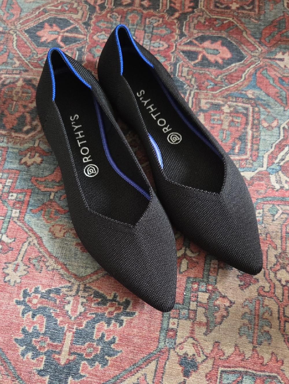 Rothy's Black Pointed Knit Flats with Blue Trim